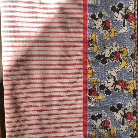 Vintage 1990 Mickey Mouse twin flat sheet - red ticking stripes - Picture 2 of 3
